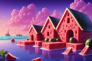 (Masterpiece, best quality:1.3), highly detailed, fantasy, 8k, 2d, bold lineart, cartoon, sweetscape, dynamic, cinematic, ultra-detailed, sweets, oversized watermelon, fantasy, gorgeous, vector artstyle, digital illustration, beautiful composition, intricate details, highly detailed, volumetric lighting, house,  iridescent, water, tropical beach, seaside, fruit,  sky, purple grass, cloud, cookie, sugar, dramatic lighting, beautiful, drip, sparkle, food, cute, glitter, bubble, see-through, transparent, scenery, (no humans), shimmer, drizzle, beautiful, (shiny:1.2), various colors, bloom:0.4, extremely detailed, gradients),more detail XL