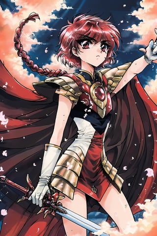 , (masterpiece, best quality:1.4), absurdres, best illustration, hikaru_rayearth, solo, long hair, red eyes, (detailed face, detailed eyes), gloves, holding, weapon,  braid, red hair, sword, white gloves, cape, holding weapon, armor, petals, single braid, (holding sword, pointing sword towards the heavens:1.2), godlight, halation, magnificent, epic scene, looking up, powerful, dynamic posture, fire, shoulder armor, serious, red cape, armored dress, retro artstyle, 1990s (style), red theme, (depth of field), (perfect anatomy:1.1), sharp focus),Rayearth