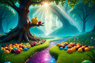 (Masterpiece), (best quality), top quality, fairytale, fantasy, sweet, candy, hyperrealistic, in the style of pixar, 3d, cg unity wallpaper, 8k,  magic, playful, drizzle, syrup, delicious, cookie, cinematic,  shimmer, glitter, scenery, striped, smooth edges, water, gradient, particles, shiny, small details, grass, see-through, transparent, colorful, fruit, chocolate, ,beautiful, sunlight,  volumetric lighting, multicolored theme,  (gradients), atmospheric, top lighting, muted colors, soothing tones, intricate details, dynamic, animated,  breathtaking, magical, tree, (deep depth of field:1.1), extremely detailed background, 850mm, digital illustration, more detail XL, glitter,sweetscape,full background,glitter