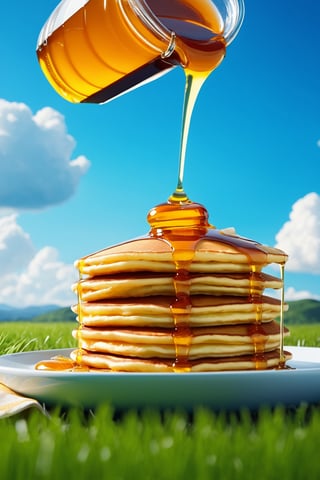 (masterpiece, best quality), digital illustration, volumetric lighting, outdoors, food, sky, day, cloud,  blue sky, no humans, depth of field, grass, food focus, pancake, honey, syrup,sweetscape