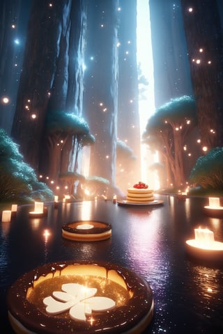 (Masterpiece), (best quality), top quality, fairytale, fantasy, sweet, candy, hyperrealistic, in the style of pixar, 3d, cg unity wallpaper, 8k,  transitory, magic, playful, oversized pancake, drizzle, syrup, delicious, cinematic,  shimmer, glitter, scenery, striped, smooth edges, water, gradient, particles, shiny, small details, grass, see-through, transparent, colorful, fruit, chocolate bar, , glowing, beautiful, sunlight,  volumetric lighting, multicolored theme,  (gradients), atmospheric, top lighting, muted colors, soothing tones, intricate details, dynamic, animated,  breathtaking, magical, tree, (deep depth of field:1.1), extremely detailed background, sprinkles, 850mm, digital illustration, more detail XL, glitter