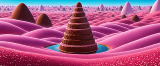(Masterpiece, best quality:1.3), highly detailed, fantasy, 8k, sweetscape,dynamic, cinematic, ultra-detailed, sweets, fantasy, gorgeous, digital illustration, beautiful composition, oversized chocolate tower, oversize dgumball machine, intricate details, highly detailed, volumetric lighting, (sugar:1.2), dramatic lighting, beautiful, dripping, sparkle, glitter, vivid, vibrant colors, colorful, glowing, (see-through, transparent), pink grass, chocolate hills, milk river, honey, syrup, sprinkles, pastel colors, water, (no humans), shimmer, (glaze), drizzle, beautiful, (shiny:1.2), various colors, bloom:0.4, extremely detailed, gradients),more detail XL,Movie Still