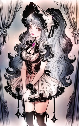 (Masterpiece, Best Quality:1.3), insaneres, (8k resolution), (centered), digital illustration, (outline, thick lineart), frilled collar, doll dress, bonnet, glowing, black eyes, black hair, hair bow, full angle view, bloom, shadow, (faux traditional media:1.3), long bangs, (detailed eyes, perfect face), jewelry, beaded curtain, colorful,  sidelocks, looking at viewer, large breasts, ascot, (multicolored theme:1.2), frilled collar, single braid, doll dress, knee-high stockings, giggling, magical girl,sugar_rune,fodress,1 girl