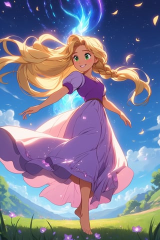 (masterpiece, best quality), digital illustration, volumetric lighting, faux traditional media,  2d, anime visual, thick lineart, 8k indoors, rapunzel_(disney), expressive, lively, fun, very long hair, aged up, braided hair, blonde hair, hair flower, (mid shot, upper body), focus, smile, harmony, volumetric lighting, dreamy, motion blur, glowing, 1girl,  green eyes, bangs, fantasy, hair ornament, dancing, balancing, full lips, purple dress, standing, fully nature, tree, grass, cowboy shot, feet out of frame, solo, outdoors, unique character design, mature female, (outline), light blush, (motion blur), (dynamic line of action:1.1), (deep depth of field), full background, peaceful, sunset, (extremely detailed, from side, looking down, (focused), intricate details:1.3), dark-skinned female, hyperrealistic, photoreal, detailed face, detailed eyes, serene, shiny, cl4mp,more detail XL,cl4mp,c0raline_style,r0b0cap