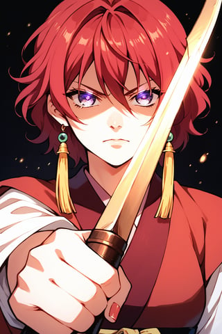 score_9, score_8_up, score_7_up, score_6_up, score_5_up, score_4_up, BREAK 2d, traditional media, beautiful,  anime visual,  ultra-detailed upper body, 1girl, yona1, shaded face, archery, aiming at viewer, glowing eyes, glaring, holding bow_(weapon),tanling ruqun, banbi, purple eyes, tassel hair ornament, (avatar icon), cinematic,  beautiful, standing, nail polish, shiny, black background, lowkey, dark, captivating, portrait, red hair,  dramatic scene, (stylish), 800mm lens,  sharp focus, deep depth of field, volumetric lighting, more detail XL,blurry background, particles, dramatic lighting, fantasy, volumetric