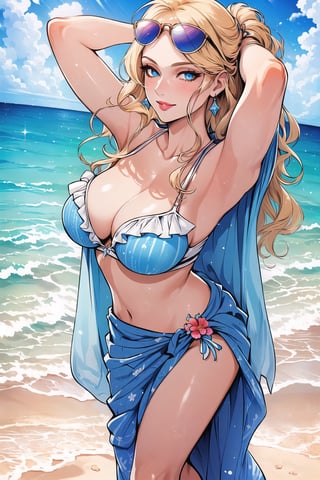 (Masterpiece, Best Quality:1.3), absurdres, (8k resolution), full body, full angle view, illustration, dutch angle, adult, beautiful, mature female, looking down, frilled swimsuit, (sarong:1.2), floral print, from above, (standing, __pose__), hand on own head, arm support, rich colors, seductive smile, perfect female figure, (solo), striped, (detailed face, detailed eyes:1.2), lipstick, parted lips, blonde hair, long hair, wavy hair. (eyewear on head:1.2), reflection, medium breasts, symmetrical, delicate features, sidelocks, ((fringe trim)), blue eyes, (shiny skin:1.2), arms up, light blush, ((cowboy shot)), (details:1.2), (depth of field),(beautiful detailed face), high quality, tropical, beach, sunlight, hyperrealistic, (extremely detailed), ((depth of field)), fantastic composition, (shadow), sky, cloud, (highly detailed), floating particles,1 girl