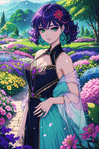 (Masterpiece,  Best Quality),  highres,  (8k resolution), digital illustration, official art,  Manga,  (Ultra-detailed), purple hair, soft makeup, natural lighting, cowboy shot,  beautiful, looking at viewer, smirk, closed mouth, glossy lips, stylish, dress, perfect female figure,  nature, scenery, garden, flower, flowers, magical landscape, floating particles, hand on hip, contrapposto, (alternate hairstyle) ringlets, curly hair, beautiful,  earrings, green eyes, vivid, mature female, (fantasy:1.1), shimmer, (multicolored theme:1.3), shallow depth of field, perfect lighting