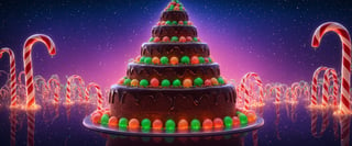 (Masterpiece, best quality:1.3), highly detailed, fantasy, 8k, sweetscape,dynamic, cinematic, ultra-detailed, sweets, fantasy, gorgeous, digital illustration, beautiful composition, oversized chocolate tower, oversize dgumball machine, intricate details, highly detailed, volumetric lighting, (sugar:1.2), dramatic lighting, beautiful, dripping, sparkle, glitter, dark theme, dark, black background, (glowing), (glowing cake), christmas, candycane, star, red and green theme, (see-through, transparent), christmas ornaments, garland, chocolate hills, milk river, honey, syrup, sprinkles, pastel colors, water, (no humans), shimmer, (glaze), drizzle, beautiful, (shiny:1.2), various colors, bloom:0.4, extremely detailed, gradients),more detail XL,Movie Still