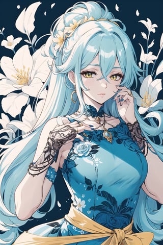 (Masterpiece,  Best Quality), top quality, highly detailed, (8k resolution), (ultra-detailed portrait), upper body, (official alternate costume:1.4), bloom, outline, soft aura, limited palette, deep colors, rich colors, spot color, (intricate details), monochrome, vibrant, (highly detailed), mature female, adult, half-closed eyes, soft makeup, ink_(medium), (long face:1.2), (thick lineart:1.2), (green and yellow theme:1.3), beautiful, (detailed face, detailed eyes, deep eyes:1.2), (gradient eyes), beret, colorful hair, reflective hair, armlet, curvy, beautiful female figure, mature female, jewelry, head adornment, gold chain, waist chain, long hair, low ponytail, (long face, full lips), dynamic pose, dancing, arms up, floral print, (hagoromo:1.3). transparent, irisescent, (rainbow print:0.4), covering face, blush, lovely, looking at viewer, sitting, lying, on side, hand on own hip, perfect hands, nail polish, standing, balancing, eye trail, glowing, studio lighting, gradient sky, cloud, (shiny), floating hair, messy hair, long sidelocks, (ringlets), hair between eyes, atmosphere, day, halation, sunlight,] (intricate details:1.2), day, (volumetric lighting, soft lighting:1.1), various colors, (surrounded by flowers), bloom, windy, petals, surreal, (fantasy:1.1), eugene_volkan,sugar_rune