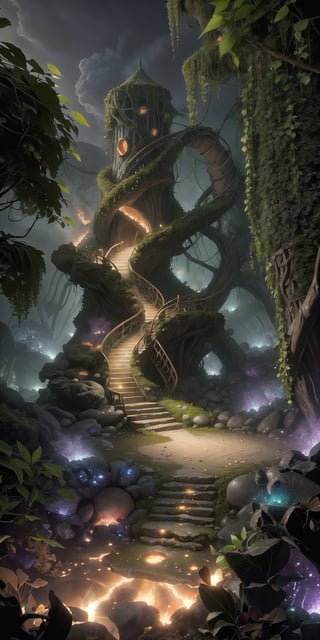 (Masterpiece, Best Quality), highres, (8k resolution wallpaper), (embers), witch hut, overgrown, vines, tree, enchanted forest, looking at viewer, (shiny:1.3), reflection, dynamic perspective, spiral staircase, surreal, (Fantasy), dutch angle, monster, soldier, glowing, cloud, full background, , wide shot, fantasy, landscape, beautiful,  outdoors, (details:1.2), water, (no humans:1.2), sky, cloud, halloween, (isolated, ominous:1.1), nature, (scenery), caustics, sharp focus, shadow, (deep depth of field:1.3), (science fiction:1.1), (glowing lines), (motion blur:1.1), (volumetric lighting:1.3), sunlight, day, extremely detailed background, fantastic, mysterious,full background,coralinefilm,madgod,stop motion,LODBG,BiophyllTech