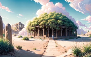 (Masterpiece, Best Quality:1.3), insaneres, 8k, highly detailed, top quality, ultra-detailed, 2d, (faux traditional media:1.3), manga, digital illustration, fantasy, thick lineart, outline, flower, (desert:1.3), gorgeous view, bamboo forest, zen, (paradise), greek, shimmer, overgrowth, blue sky, (cloud), volumetric lighting, fairytale, wonder, dreamy, outdoors, nature, greek architecture, (extremely detailed background:1.2), 85mm, hyperrealistic, film grain, colorful, ancient ruins, (shadow), blurry foreground, (intricate details), mystical, (natural lighting:1.1), cozy, bloom, (deep depth of field:1.3), (floating islands in the distrance)