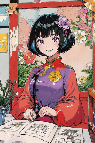 (masterpiece, best quality:1.3), digital illustration, 8k resolution, ultra-detailed portrait, rup3rt_Style, faux traditional media, (1girl), upper body, (solo), black hair, bob cut, blunt bangs, hair flower, smile, beautiful, chinese dress, (purple dress), long sleeves, wide sleeves, happy