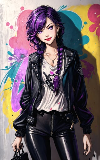 (Masterpiece), (highres), 8k, (traditional media:1.2), manga, digital illustration, 2d,  retro artstyle, (ultra-detailed portrait of a girl in a dress, stylish, purse, jewelry, floral print, beautiful, punk aesthetic, paint splatter, holding paint can, graffiti,grunge texture, single earring, cropped jacket, black nail polish, streaked hair, blending, glaring, evil smile, colorful, extremely detailed, detailed face, lipstick, red hair, purple eyes, looking at viewer, stylish, fashion, expressive, smirk, leather pants, zipper, smug,,mature female, tomboy, official alternate hairstyle, very long hair, (single braid:1.3), curly hair, cool, aged up,head tilt, looking at viewer, cowboy shot, fully clothed, (8k resolution),figurine, SILHOUETTE LIGHT PARTICLES