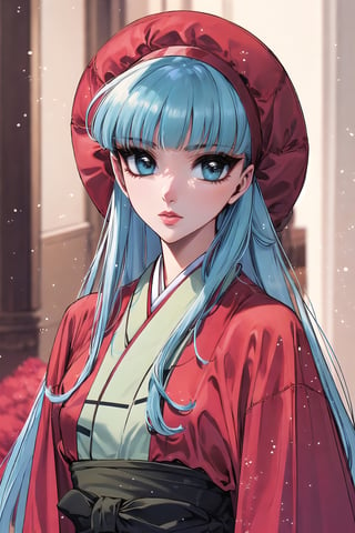 (Masterpiece,  Best Quality:1.2),  Traditional Media,  retro artstyle,  1990s \(style\),  1girl,  solo,  Manga,  dynamic,  very long hair,  lipstick,  perfect face,  woman standing in hallway,  mid shot,  (upper body:1.2),  full body,  focus face,  japanese clothes,  obi,  detailed deep eyes,  beautiful,  stylish,  vibrant colors,  depth of field,  light particles,  cinematic lighting,  shiny,  alternate costume,  alternate hairstyle,  bangs,  curvy,  , sugar_rune, 1 girl ,Rayearth,sugar_rune