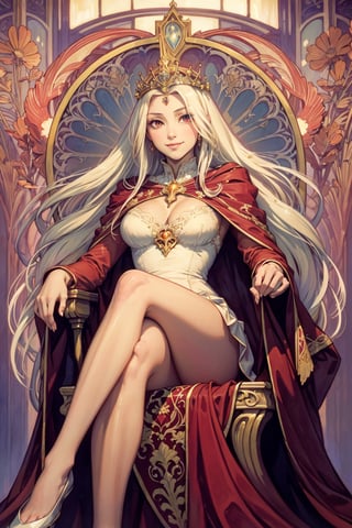 (masterpiece, best quality), 1girl, solo, (the empress:1.15), platinum blonde,queen sitting on a throne, elegant, long hair, (red cape), Curtain, white dress, queen dress, aurora, (sunshine, sky, expressionless, red eyes, very long hair, (art nouveau:1.2), alphonse mucha, tiara, (face focus, upper body), sit, (red throne:1.12), tiara, crossing legs, highly intricate details, realistic light, smile,1 girl,