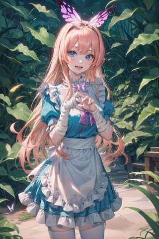 (Masterpiece), (highres), 8k, hyperdetailed, deep depth of field, motion blur, 0kazu, unique character concept, hyperrealistc, stunning artwork, finely crafted, alice in wonderland, diamond print thighhighs, diamond_(shape), sparkle, dreamy, cowboy shot, extremely detailed background. hypnotizing pink eyes, blonde hair, very long hair, butterfly hairband, blue dress. apron, bloomers, waist bow, finger bandages, fingernails, beautiful hands, heart pose, happy, smile, open mouth, retro artstyle, perfect female figure, garden, psychadelic, hair ornament, gorgeous, bloom, nature, shadow, nature, overgrown,  fantasy, outdoors, sunlight, day, scenery,1 girl, atmospheric