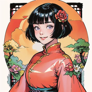 (masterpiece, best quality:1.3), digital illustration, 8k resolution, ultra-detailed portrait, rup3rt_Style, faux traditional media, (1girl), upper body, black hair, bob cut, blunt bangs, hair flower, smile, beautiful, chinese dress, purple dress, long sleeves, wide sleeves, happy