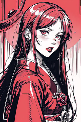 (Masterpiece), (highres), 8k, manga, digital illustration, 2d,  retro artstyle,  monochrome, partially colored,(ultra-detailed portrait of a woman,solo,  shaded face, red rose, red theme, confident, jewelry, colorful, frill trim, extremely detailed, detailed face, lipstick, straight hair, bangs,stylish, expressive, blush, looking to the side,  head tilt,  cowboy shot, fully clothed, (8k resolution),post00d,Hajime_Saitou,,quju,Oiran,sugar_rune,sweetscape