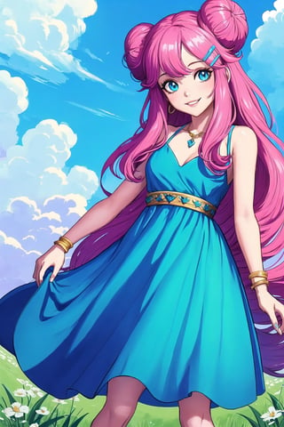 (masterpiece, best quality), digital illustration, volumetric lighting, 2d, anime visual, thick lineart, light smile, 8k,outdoors, hair clip, colorful, turning, head tilt, doughnut hair bun, very long hair, parted lips, jewelry, flower, dynamic, sky, day, cloud,  blue sky, 1girl, dress, gradient dress, unique character design, cloud, depth of field, grass, sweetscape,full background, more detail XL,madgod,stop motion, peaceful, serene, shiny, sugar_rune,sugar_rune