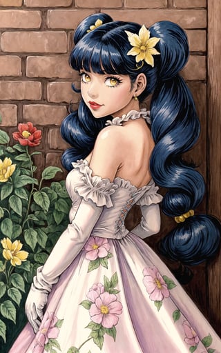 (Masterpiece), (highres), 8k, (traditional media:1.2), manga, digital illustration, 2d,  retro artstyle, (ultra-detailed portrait of a girl in a doll dress in a garden, floral print, beautiful, princess, hair ornament, leaning against wall, gloves, colorful, extremely detailed, detailed face, lipstick, twintails, dark blue hair, yellow eyes, from below, from side, looking back, looking at viewer, stylish, expressive, smirk, smug,,mature female, looking to the side, shoulder cape, cool, aged up, officer, intricate watch, head tilt, looking at viewer, v arms,  cowboy shot, fully clothed, (8k resolution)
