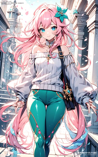 faux traditional media, mature female, beautiful,  anime visual,  (magazine cover:1.2), ultra-detailed shot of a princess, beautiful, pink hair, flower hair ornament, polka dot,1girl, avatar icon, game character concept, jrpg, 800mm lens, off shoulder, hoodie, ribbed sweater, sharp focus, depth of field, volumetric lighting, ((stylish, vintage)), (pinup:0.5), green and blue theme,(capri pants:1.2), studio lighting, (asymmetrical legwear),1 girl,Kawaii Figurines Style,yuzu