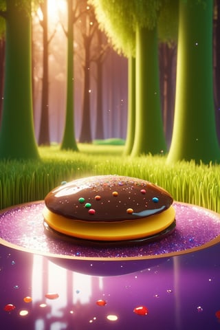 (Masterpiece), (best quality), top quality, fairytale, fantasy, sweet, candy, hyperrealistic, in the style of pixar, 3d, cg unity wallpaper, 8k,  transitory, magic, playful, oversized pancake, drizzle, syrup, delicious, cinematic,  shimmer, glitter, scenery, striped, smooth edges, water, gradient, particles, shiny, small details, grass, see-through, transparent, colorful, fruit, chocolate bar, , glowing, beautiful, sunlight,  volumetric lighting, multicolored theme,  (gradients), atmospheric, top lighting, muted colors, soothing tones, intricate details, dynamic, animated,  breathtaking, magical, tree, (deep depth of field:1.1), extremely detailed background, 850mm, digital illustration, more detail XL, glitter