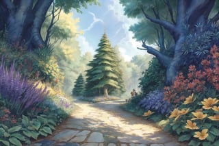 (Masterpiece, best qualityy:1.4), 8k, insaneres, top quality, hyperdetailed, extremely detailed, landscape, flower, floating particles, gorgeous view, forest, dappled sunlight, fantasy, cowboy shot, perfect shadow, deep depth of field, cloud, day, fantasy, surreal, s, tree, perfect composition and lighting, volumetric, nature, plantlife, high fantasy