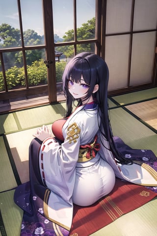 (Masterpiece), (highres), 8k, hyperdetailed, deep depth of field, motion blur, 0kazu, official alterate hairstyle, unique character concept, hyperrealistc, stunning artwork, finely crafted, human furniture, extremely detailed background. ancient Japan, Heian, hypnotizing purple eyes, mature female,(Karaginu Mo), very long hair, straight hair, perfect female figure, black hair, garden, hime cut, blunt bangs,hair ornament, long sleeves, wide sleeves, sleeves past wrists, from above, from behind, looking back, (looking at viewer), head shaft, lipstick, close-up, gorgeous, bloom, shadow, dynamic line of action, nature, overgrown,dynamic posture,  fantasy, glowing, traditional, tatami, sitting,  feet out of frame,  serene, Japanese architecture, (indoors), scenery,1 girl, atmospheric, perspective
