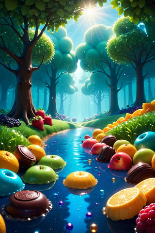 (Masterpiece), (best quality), top quality, fairytale, fantasy, sweet, candy, hyperrealistic, in the style of pixar, 3d, cg unity wallpaper, 8k,  magic, playful, drizzle, syrup, delicious, cookie, cinematic,  shimmer, glitter, scenery, striped, smooth edges, water, gradient, particles, shiny, small details, grass, see-through, transparent, colorful, fruit, chocolate, ,beautiful, sunlight,  volumetric lighting, multicolored theme,  (gradients), atmospheric, top lighting, muted colors, soothing tones, intricate details, dynamic, animated,  breathtaking, magical, tree, (deep depth of field:1.1), extremely detailed background, 850mm, digital illustration, more detail XL, glitter,sweetscape,full background