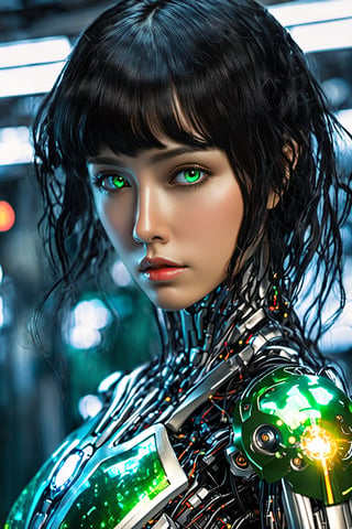 1 woman, whole body, green eyes, black hair, long hair, big breasts, female, android, symmetrical anatomically correct a bio mechanical cyborg  ironman ,full length shot, made of fiber, silver and carbon, transparent body, (extremely detailed face, full body, look at viewer),carbon fiber texture, carbon fiber, soft bright background, shine, subsurface scattering, transparent, glow, bloom, jellyfish, coral, Bioluminescent liquid, volumetric light, tube, 3d style,cyborg style,Movie Still,Leonardo Style,cyborg,beautymix