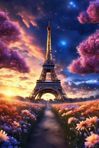 Eiffel Tower, dazzling, field of flowers, nocturnal, night, transparent, colorful, plants, luminescent, lights, transparent, beautiful, fantastic, intricate, elegant, sunsets, beautiful skies, high resolution, 3d style, still film, cyborg style,EpicSky,dfdd