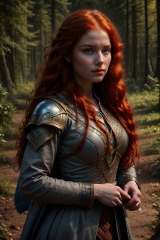 A 16-year-old Merida, with fiery red hair and porcelain-white skin, gazes innocently ahead, her bright blue eyes sparkling. She wears a dark Celtic coat, complete with intricate travel clothing, and holds a small dagger in her hand. Framed against a medieval forest backdrop, the youthful warrior's facial expression remains pure and untouched by the world around her.