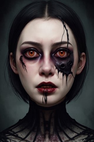 horror (theme) (creepy illustration, horror scene, horror, portrait) 

Beautiful woman with short black hair, empty black eyes, no eyeballs un face, Empty eyes, eyes torn from their eye sockets. beautiful face without eyes, pale skin. 
vestido negro 