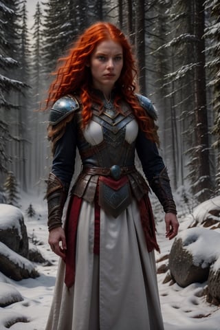 A 16-year-old Merida  (fire magic in hands, fire sorceress), with fiery red hair and porcelain-white skin, gazes angry fiery ahead, her bright blue eyes sparkling. She wears a dark Celtic coat, complete with intricate travel clothing, and holds a small dagger in her hand. Framed against a medieval forest backdrop, the youthful warrior's facial expression remains angry and untouched by the world around her.

Snow forest (fire magic in hands, fire sorceress )