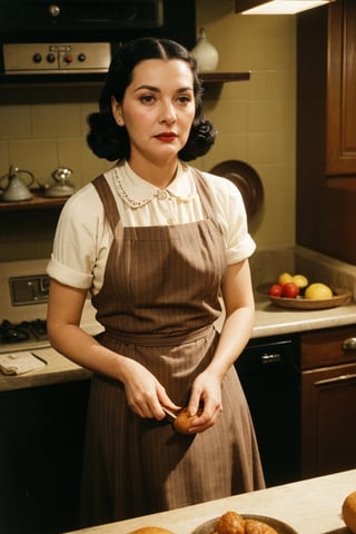 1women 50 years old, dress  style of 1940 in Kitchen, brown eyes, black_hair Long, very black hair (high quality image, vintage setting, 1940s, intricate details, scene like a movie horror, dramátic, focus face, kitchen action cooking)