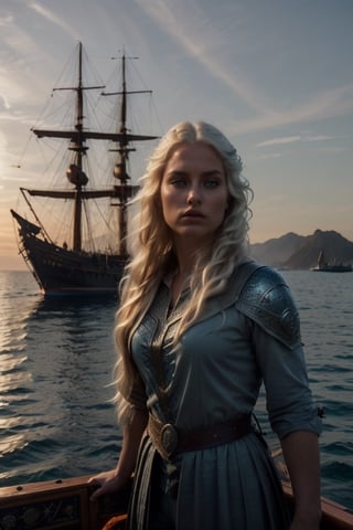 (epic movimiento in hair for wind, epic pose A borod of a medieval ship , small ears, 1 Woman face like Ciri, cirilla beautiful face eropean angelical face,  of a woman with platinum hair, platinum hair long, white skin, blue eyes biger. Travel suit, black pants and loose black shirt.Cold colors, cold lighting)
Mar abierto, barco medieval navegando, iluminación de atardecer , detalles intrincados en las velas del barco, detalles en la nave, (cinematica de ciencia ficcion movie)