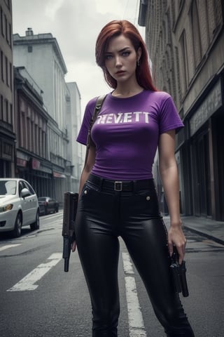 (high quality, masterpiece, heroic pose, Resident Evil video game cover image)woman slim body and face,  european face anatomy and physiognomy,  redhead woman long hair. Style of Resident Evil,  Raccoon city, street background,  a gun in hand,  shootgun,  (cinematic,  Resident Evil),  (Saturation  colors,  dim colors,  soothing tones:1.3),  low saturation,  natural redhead woman long, Loose long red hair  angry and tension expression in eyes,  the color of eyes green like jade,  and the test of the uniform tall,( Custome Black pants, T Shirt Purple color. color Of the purple t-shirt)
