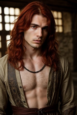 Perfect man of a medieval, Perfect man redhair, cabello risado abundante. Yellow eyes. Medieval closes