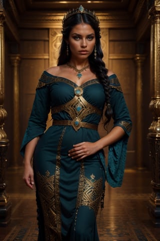 (High definition, theme inspired by medieval vikings, medieval atmosphere and custome). Yennifer of vengerberg, tan skin like cinamon, long black hair , ojos verdes. (cabello muy negro, cabello negro como azabache). Egyptian makeup blue (Queen of fantastic nordic world) (Panteras en el fondo), (vestido de diosa nordica con prendas de oro)