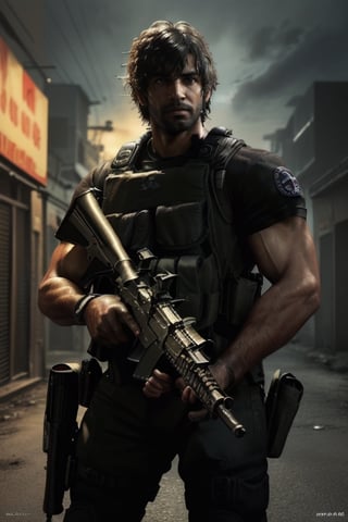 (high quality, masterpiece, heroic pose, Resident Evil video game cover image) 

1 Indian men, men with phenotypic characteristics of India, black hair, Green eyes and light brown skin..
Dressed in black, with a gun in hand, q
Thin with masculine but beautiful features, green eyes, Beard,