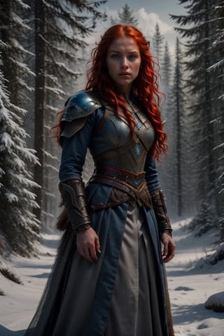 A 16-year-old Merida (Sold as a slave) with fiery red hair and porcelain-white skin, gazes angry fiery ahead, her bright blue eyes sparkling. She wears a dark Celtic coat, complete with intricate travel clothing, and holds a small dagger in her hand. Framed against a medieval forest backdrop, the youthful warrior's facial expression remains angry and untouched by the world around her.

Snow forest ( Slave )