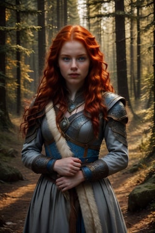 A 16-year-old Merida, with fiery red hair and porcelain-white skin, gazes innocently ahead, her bright blue eyes sparkling. She wears a dark Celtic coat, complete with intricate travel clothing, and holds a small dagger in her hand. Framed against a medieval forest backdrop, the youthful warrior's facial expression remains pure and untouched by the world around her.