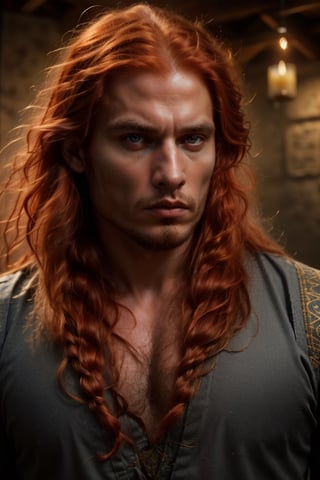 (High definition, theme inspired by medieval vikingos, medieval atmosphere and custome, rostro Jhonny deep joven, mirada amenazante, actitud corporal defensiva) (very redhair) Red-haired man of etheric beauty, rostro angelical, yellow eyes (ojos amarillos), very white skin. Nordic black clothing (long hair)