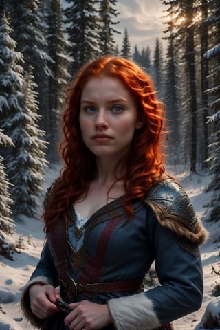 A 16-year-old Merida, with fiery red hair and porcelain-white skin, gazes innocently ahead, her bright blue eyes sparkling. She wears a dark Celtic coat, complete with intricate travel clothing, and holds a small dagger in her hand. Framed against a medieval forest backdrop, the youthful warrior's facial expression remains angry and untouched by the world around her.

Snow forest