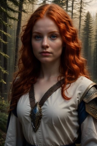A 16-year-old Merida, with fiery red hair and porcelain-white skin, gazes innocently ahead, her bright blue eyes sparkling. She wears a dark Celtic coat, complete with intricate travel clothing, and holds a small dagger in her hand. Framed against a medieval forest backdrop, the youthful warrior's facial expression remains pure and untouched by the world around her.

Sword in hand