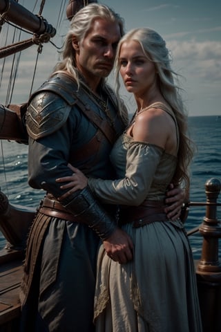 (Couple aboard a medieval ship, open sea background, intricate details in faces) Geralt of Rivia couple with a beautiful woman ciri, cirilla