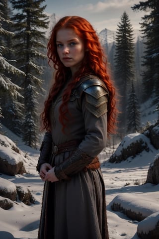 A 16-year-old Merida, with fiery red hair and porcelain-white skin, gazes angry fiery ahead, her bright blue eyes sparkling. She wears a dark Celtic coat, complete with intricate travel clothing, and holds a small dagger in her hand. Framed against a medieval forest backdrop, the youthful warrior's facial expression remains angry and untouched by the world around her.

Snow forest