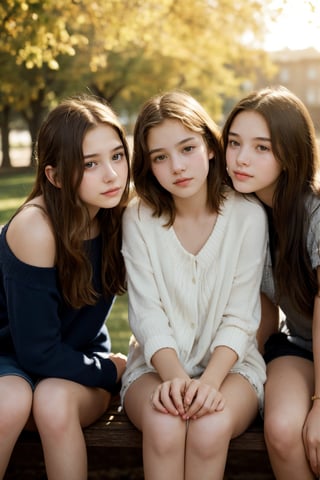 A dreamy portrait of adolescent girls by David Dubnitskiy: Softly lit, warm morning sunlight spills onto the serene faces and shoulders of three teenage friends, their features bathed in a gentle, golden glow. Framed by a subtle bokeh, they sit casually on a worn wooden bench, legs crossed, hands entwined, and eyes locked in a shared secret, as if the world outside has melted away.