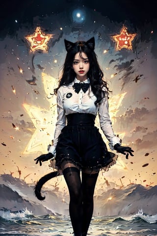 (best quality, realistic:1.2), 1girl star \(symbol\), huge breasts, cat ears,1girl star \(symbol\),bow bowtie clothing cutout puffy sleeves white shirt gloves cat tail black dress black skirt black pantyhose,EpicArt,EpicLogo,DarkTheme