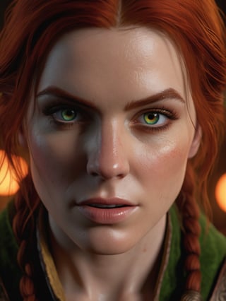 photorealistic, masterpiece, hyperdetailed photography, Triss Merigold, colorful orbs, best quality, 8k, ultra quality, ultra detailed, warm lighting, (closeup), looking_at_viewer, facing viewer, front_view, sharp focus, clean face, element of magic, very angry